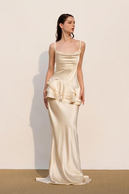 Satin Swing Collar Ruffle Maxi Dress