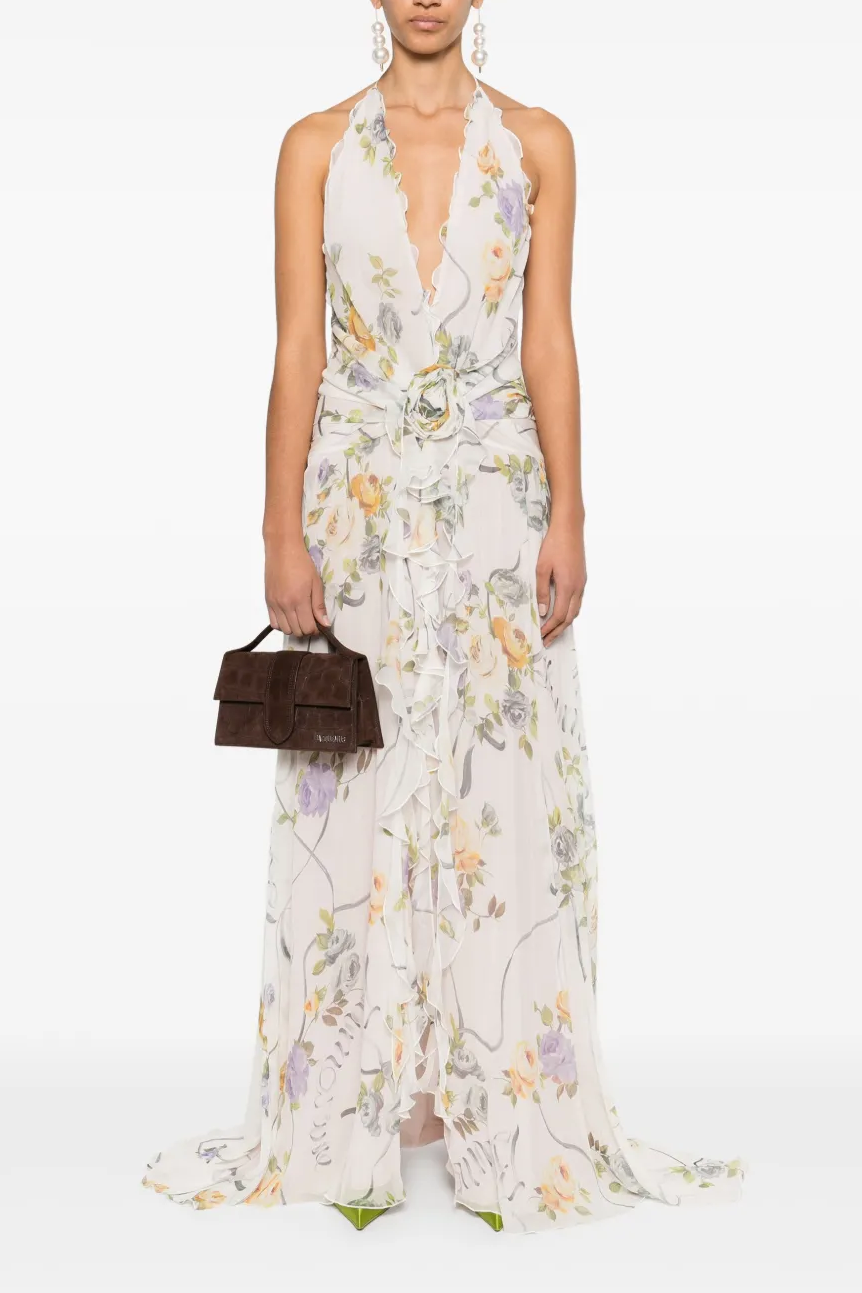 3D Flower Chiffon Ruffle Maxi Dress