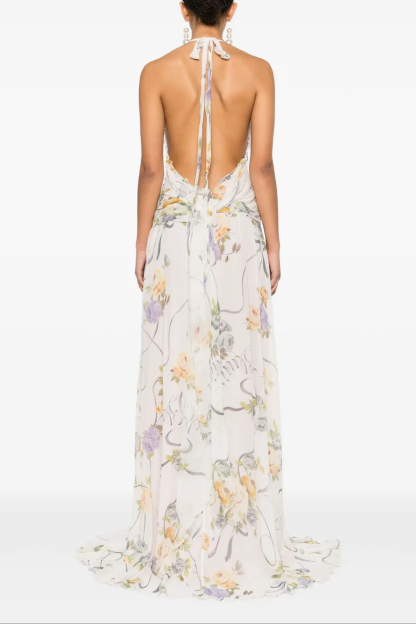 3D Flower Chiffon Ruffle Maxi Dress