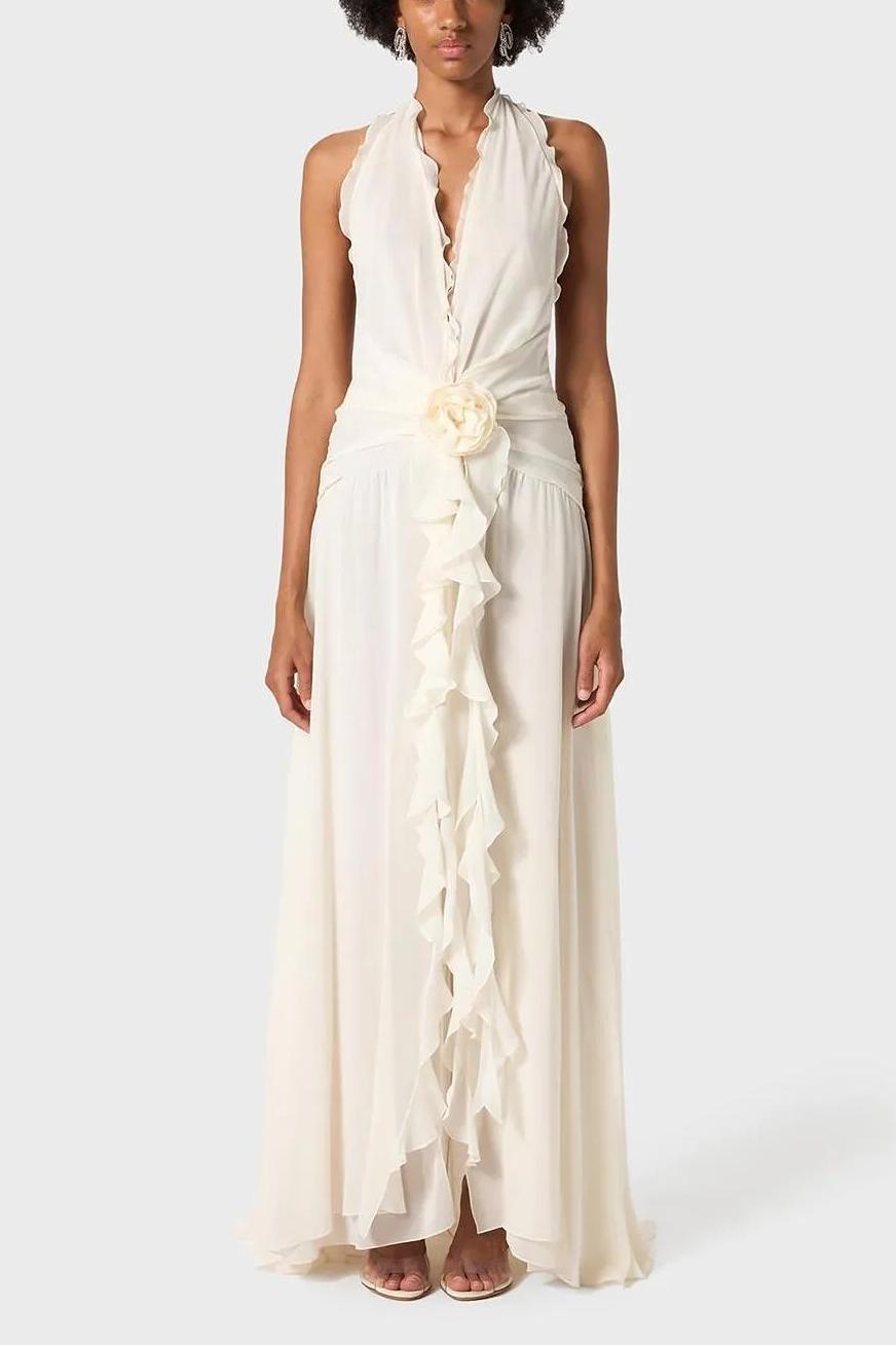 3D Flower Chiffon Ruffle Maxi Dress