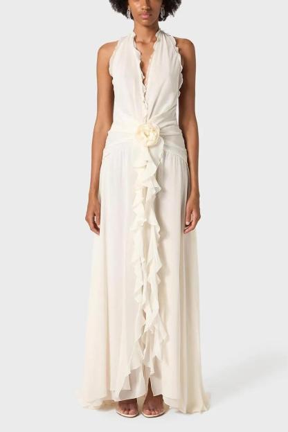 3D Flower Chiffon Ruffle Maxi Dress