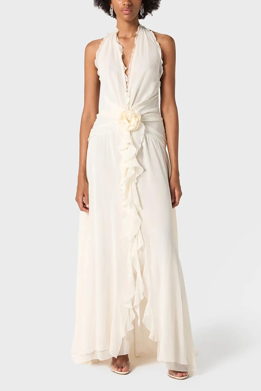 3D Flower Chiffon Ruffle Maxi Dress