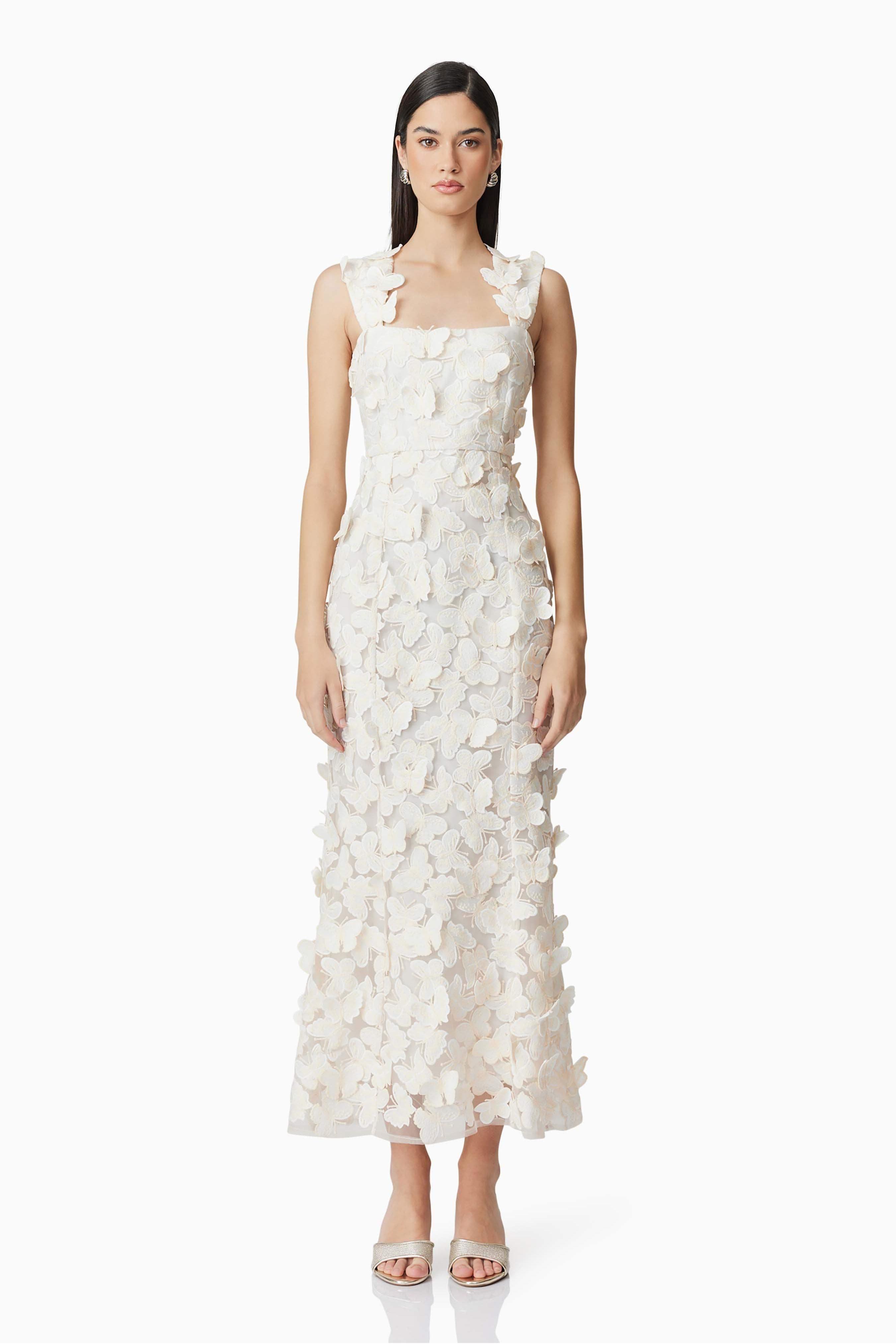 Butterfly Embroidered Square Collar  Midi Dress