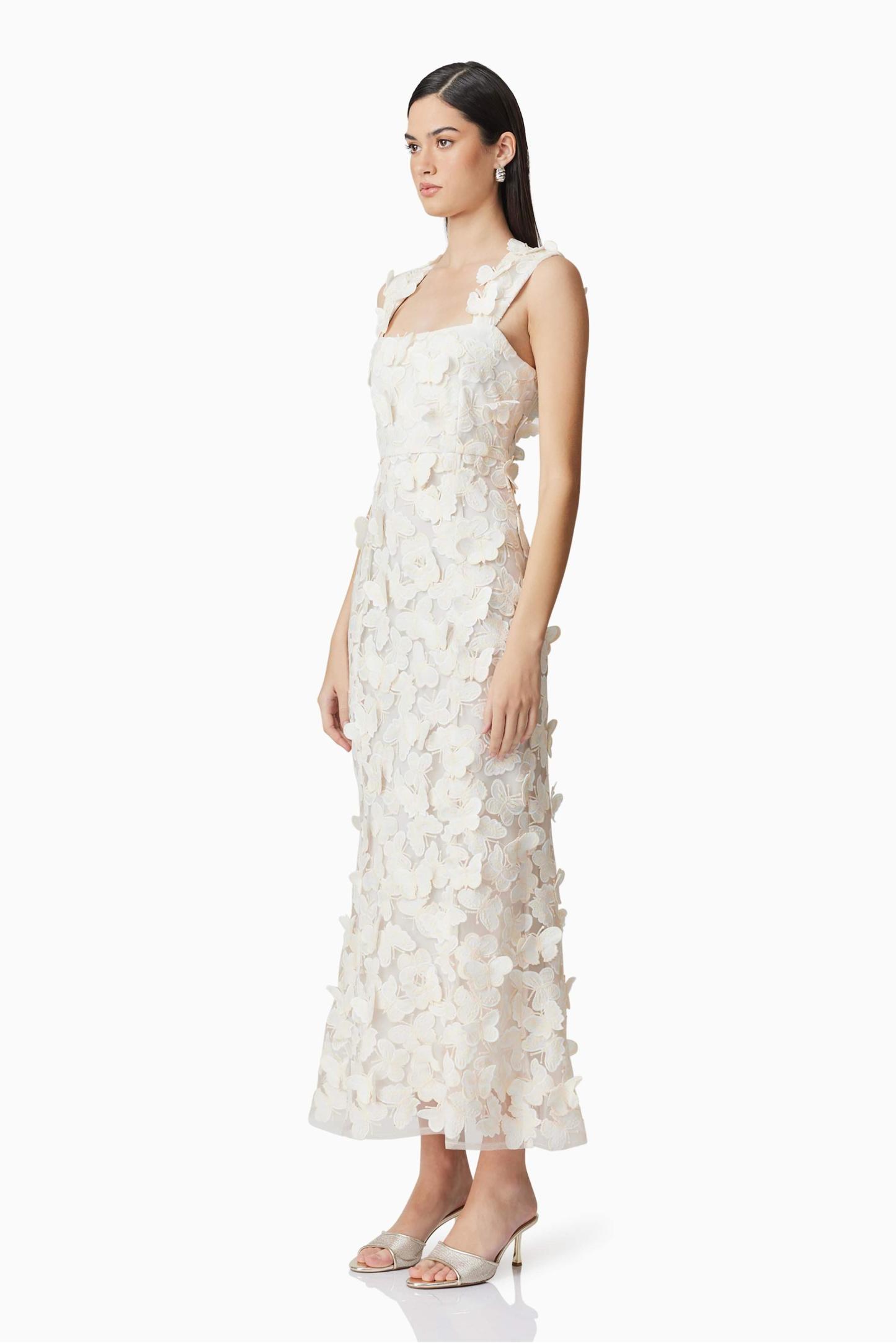 Butterfly Embroidered Square Collar Midi Dress
