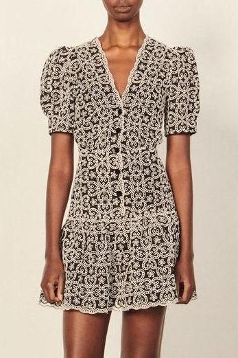 Embroidered V-Neck Puff Sleeve Mini Dress