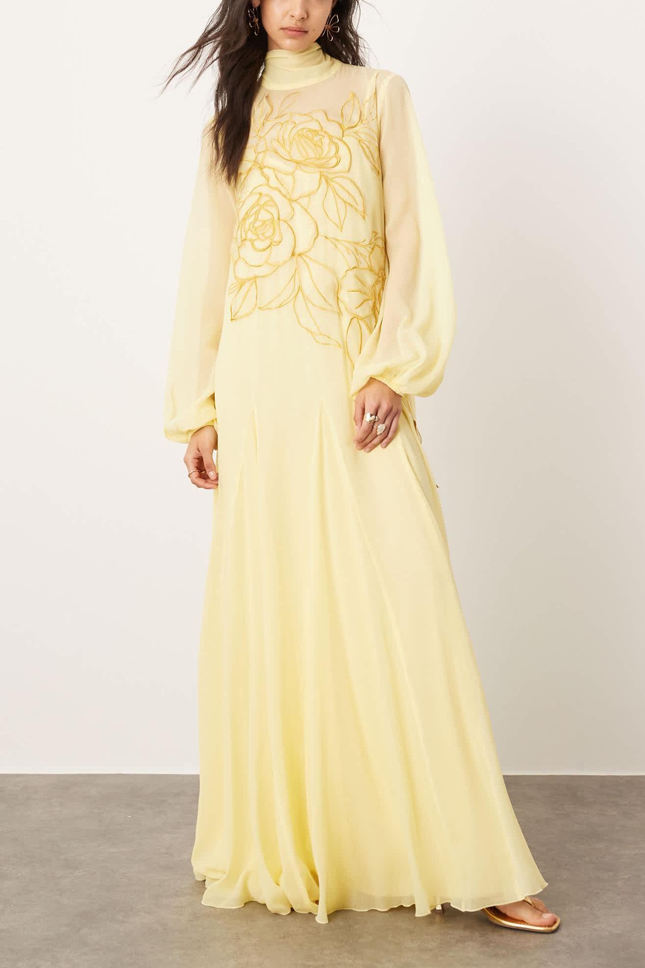 Embroidered Chiffon Lantern Sleeve Maxi Dress