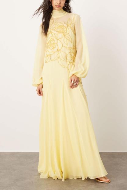 Embroidered Chiffon Lantern Sleeve Maxi Dress