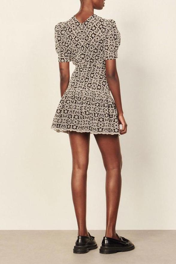 Embroidered V-Neck Puff Sleeve Mini Dress