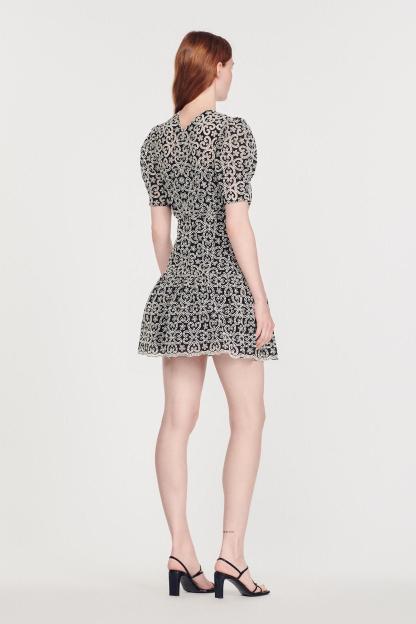 Embroidered V-Neck Puff Sleeve Mini Dress