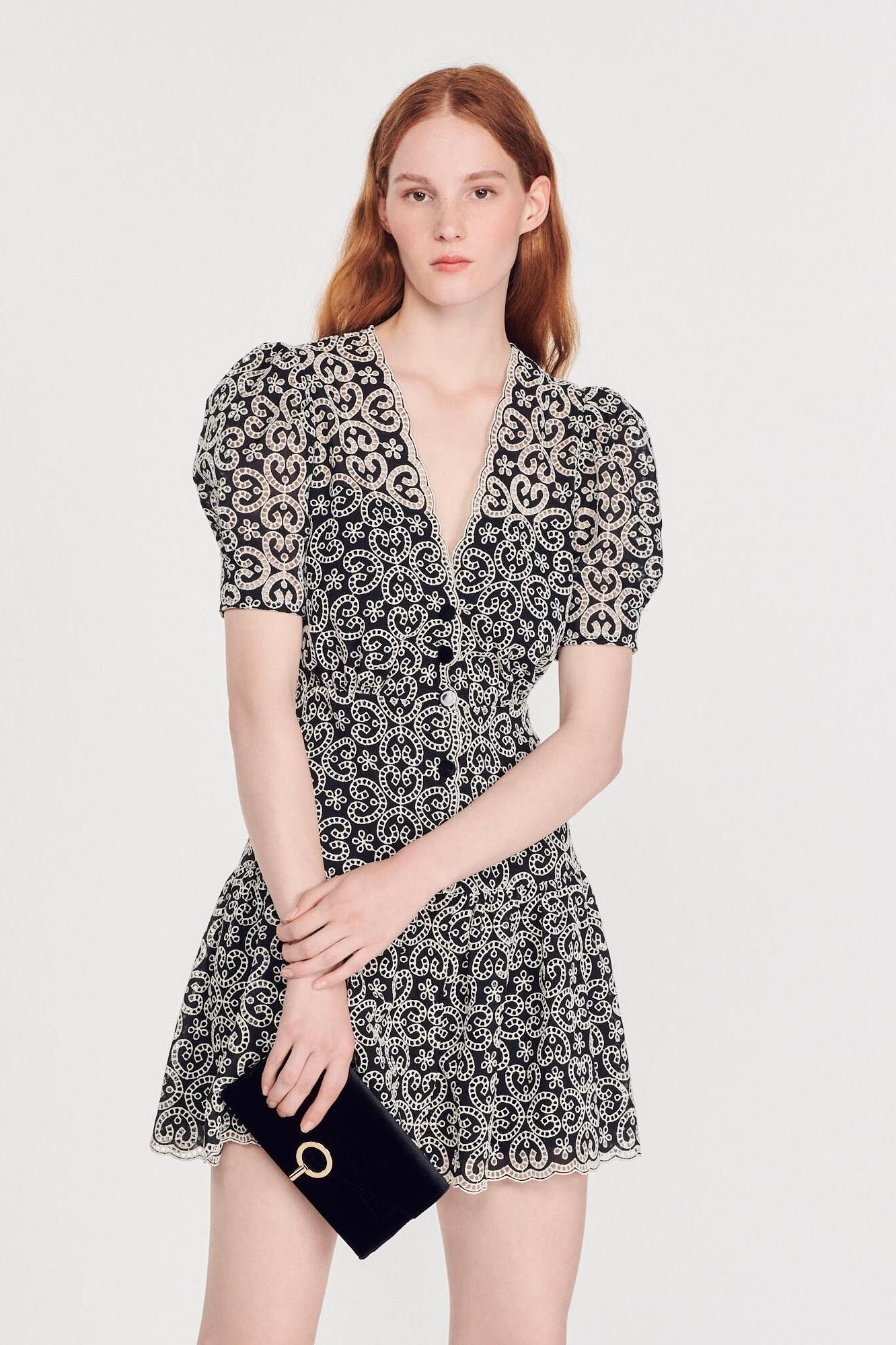 Embroidered V-Neck Puff Sleeve Mini Dress
