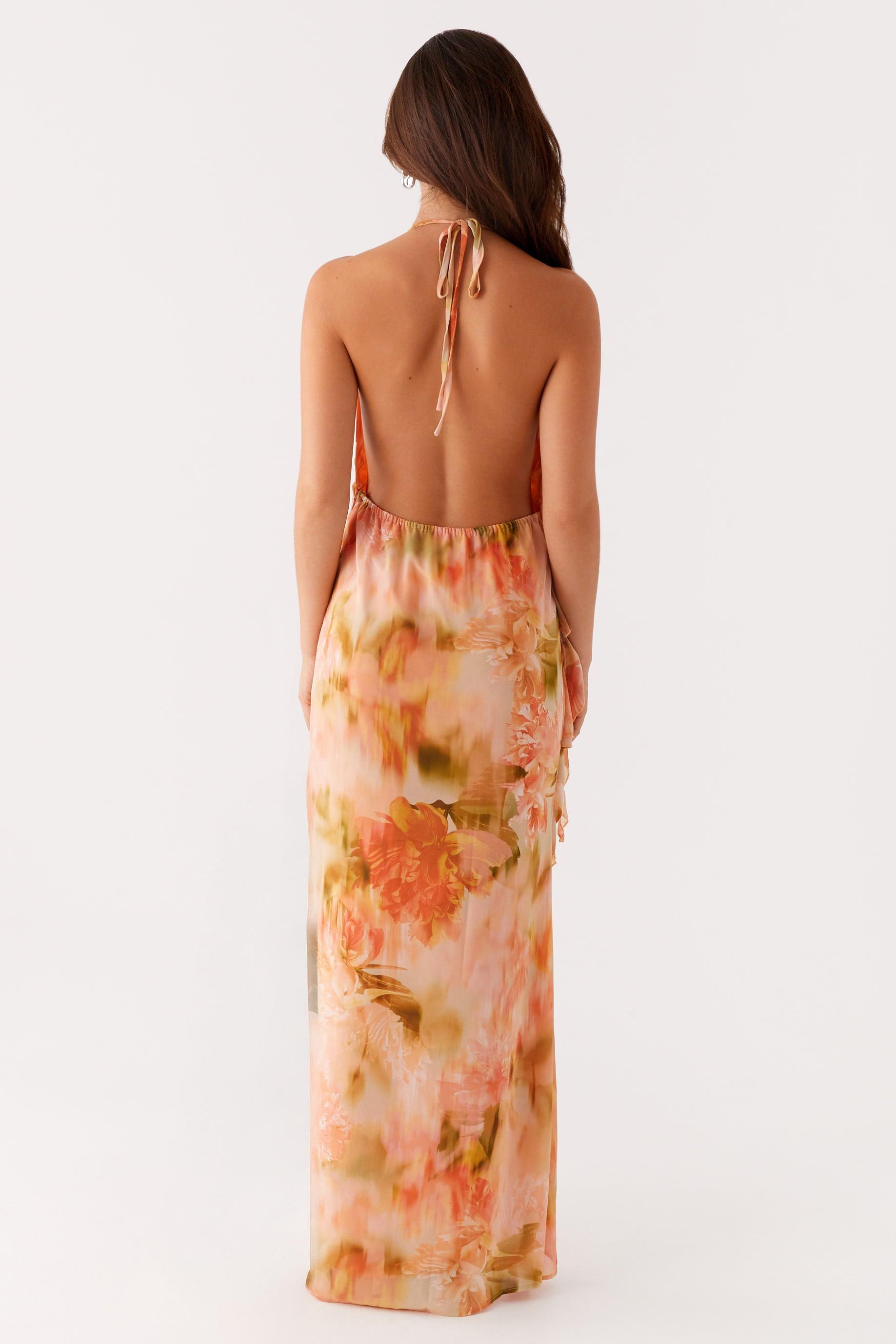 3D Flower Chiffon Halter Neck Maxi Dress