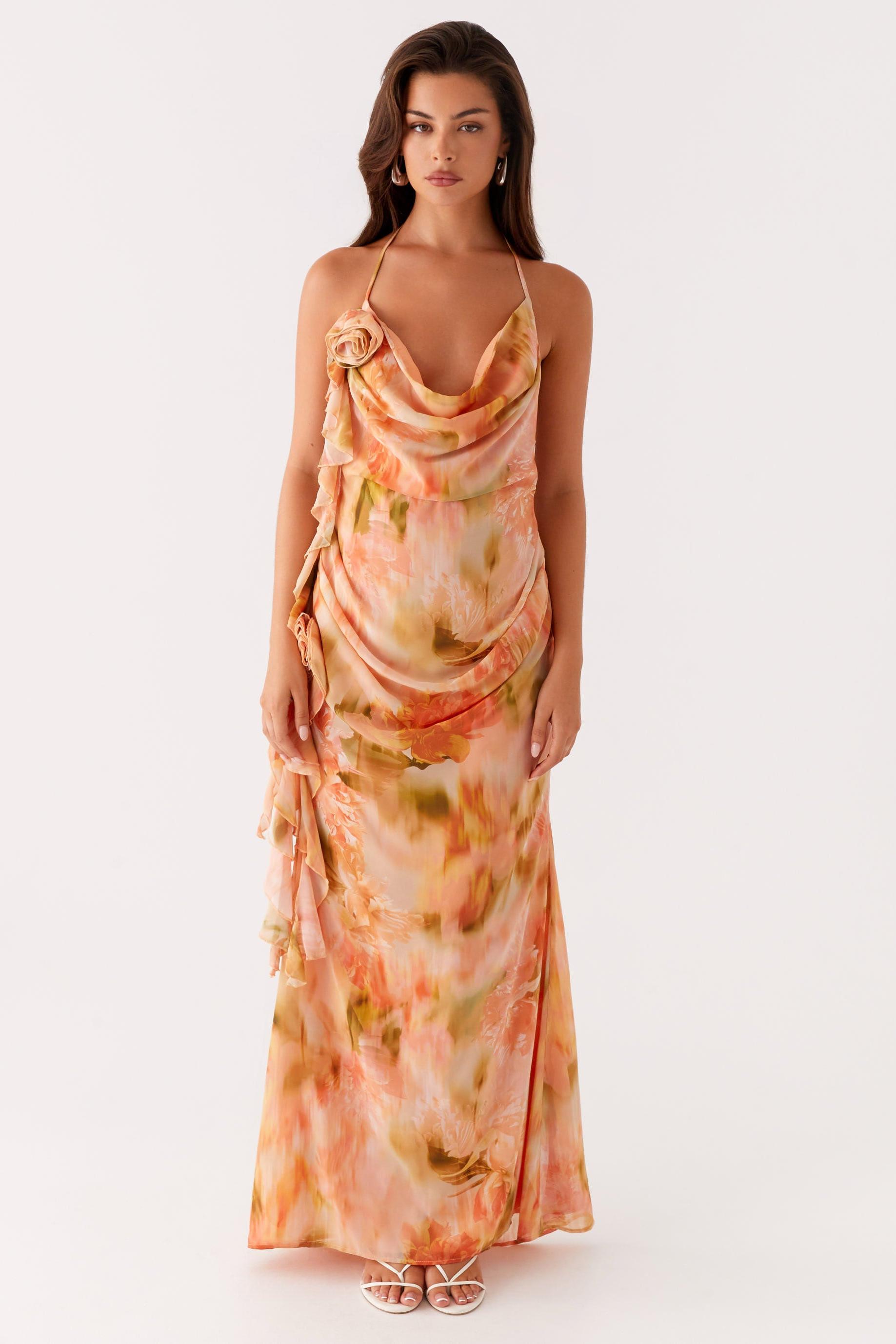 3D Flower Chiffon Halter Neck Maxi Dress