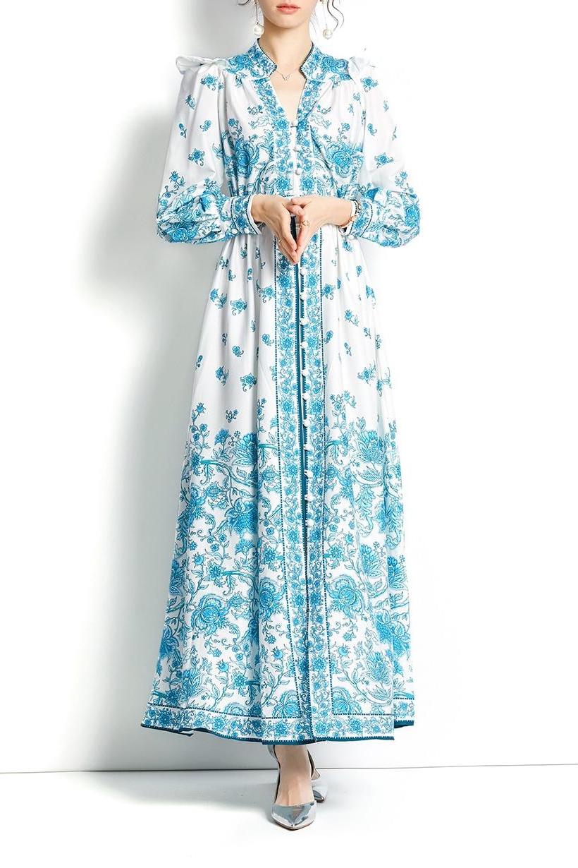 Floral V-Neck Lantern Sleeve  Midi Dress