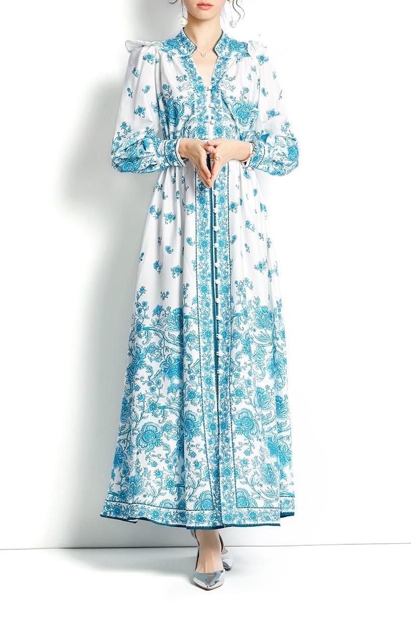 Floral V-Neck Lantern Sleeve Midi Dress