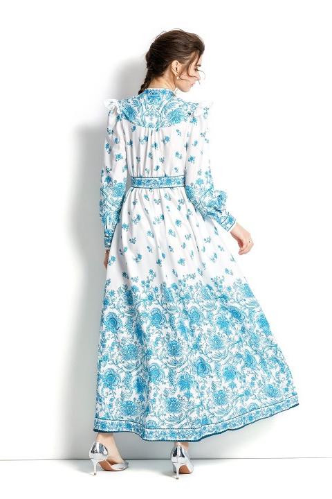 Floral V-Neck Lantern Sleeve  Midi Dress