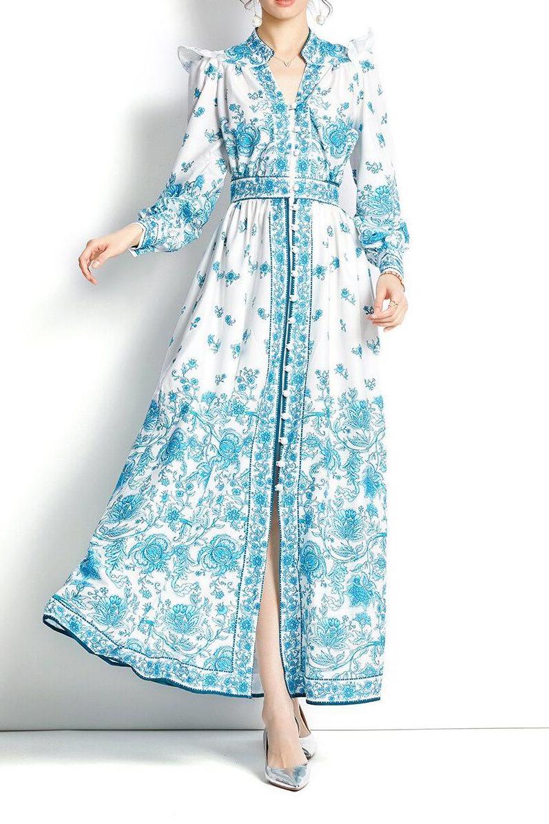 Floral V-Neck Lantern Sleeve  Midi Dress