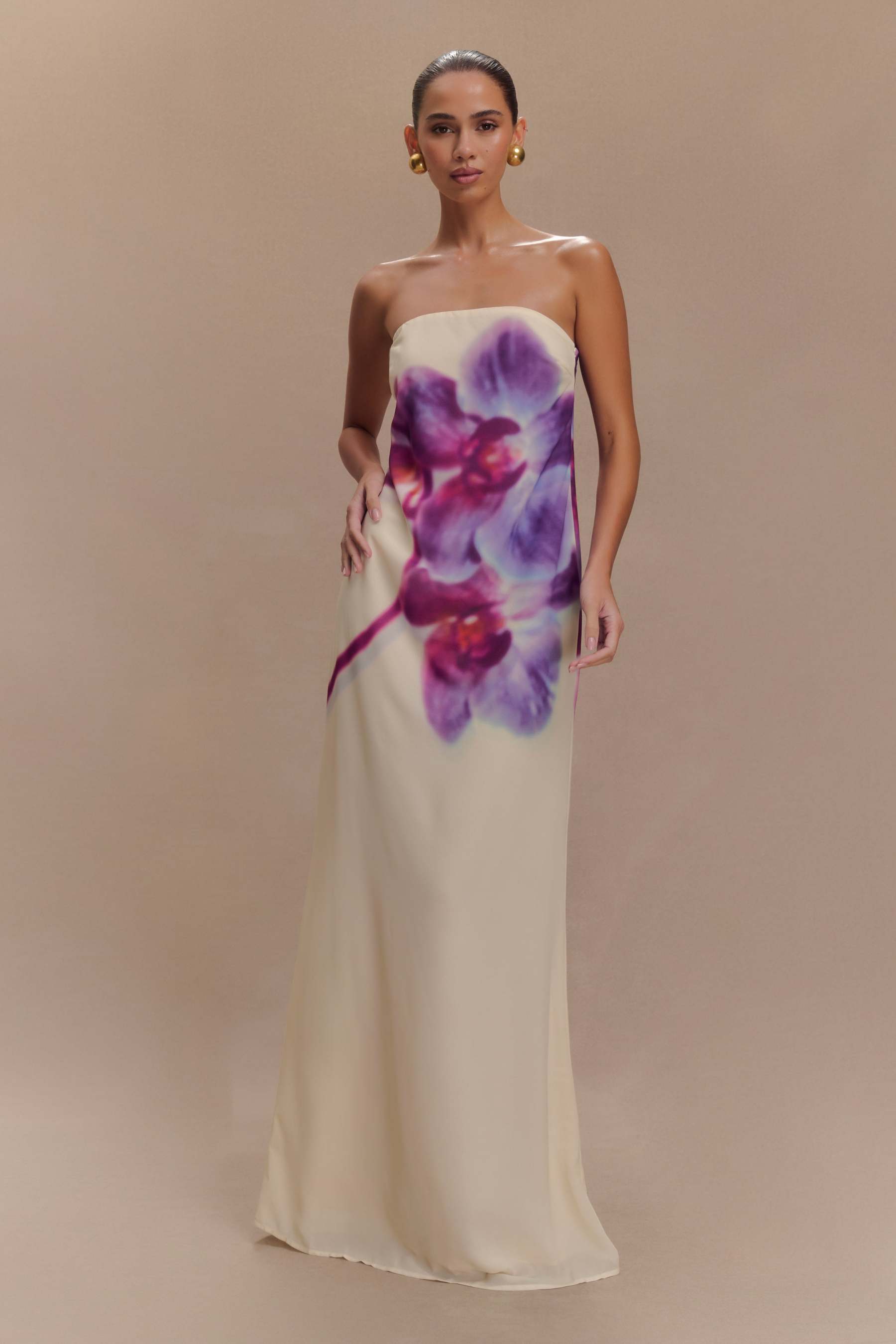Satin Floral Off Shoulder Maxi Dress