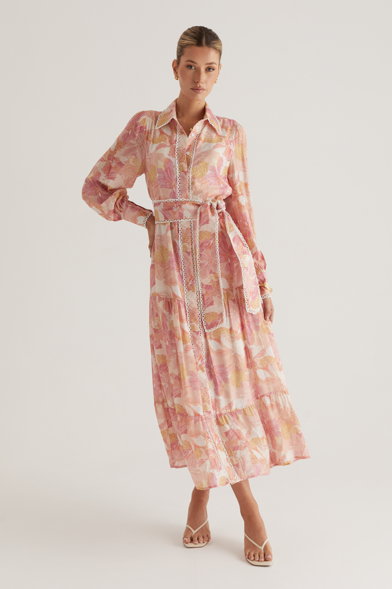 Floral Lace Edge Lace-Up Midi Dress