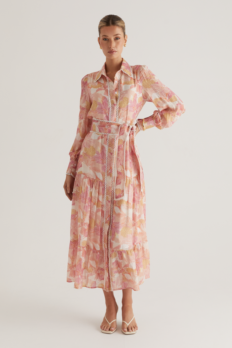 Floral Lace Edge Lace-Up Midi Dress