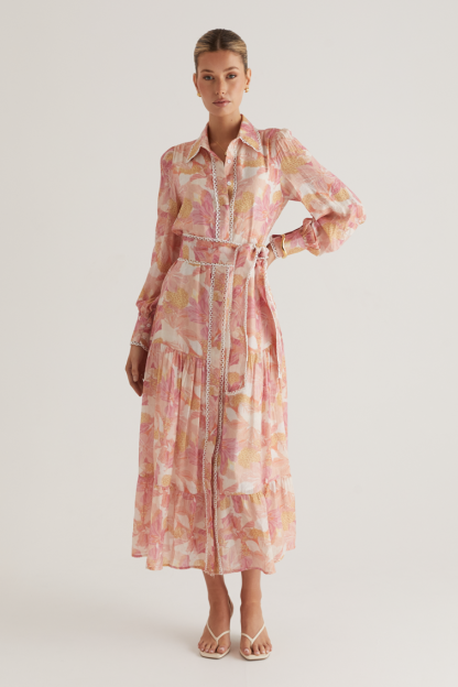 Floral Lace Edge Lace-Up Midi Dress