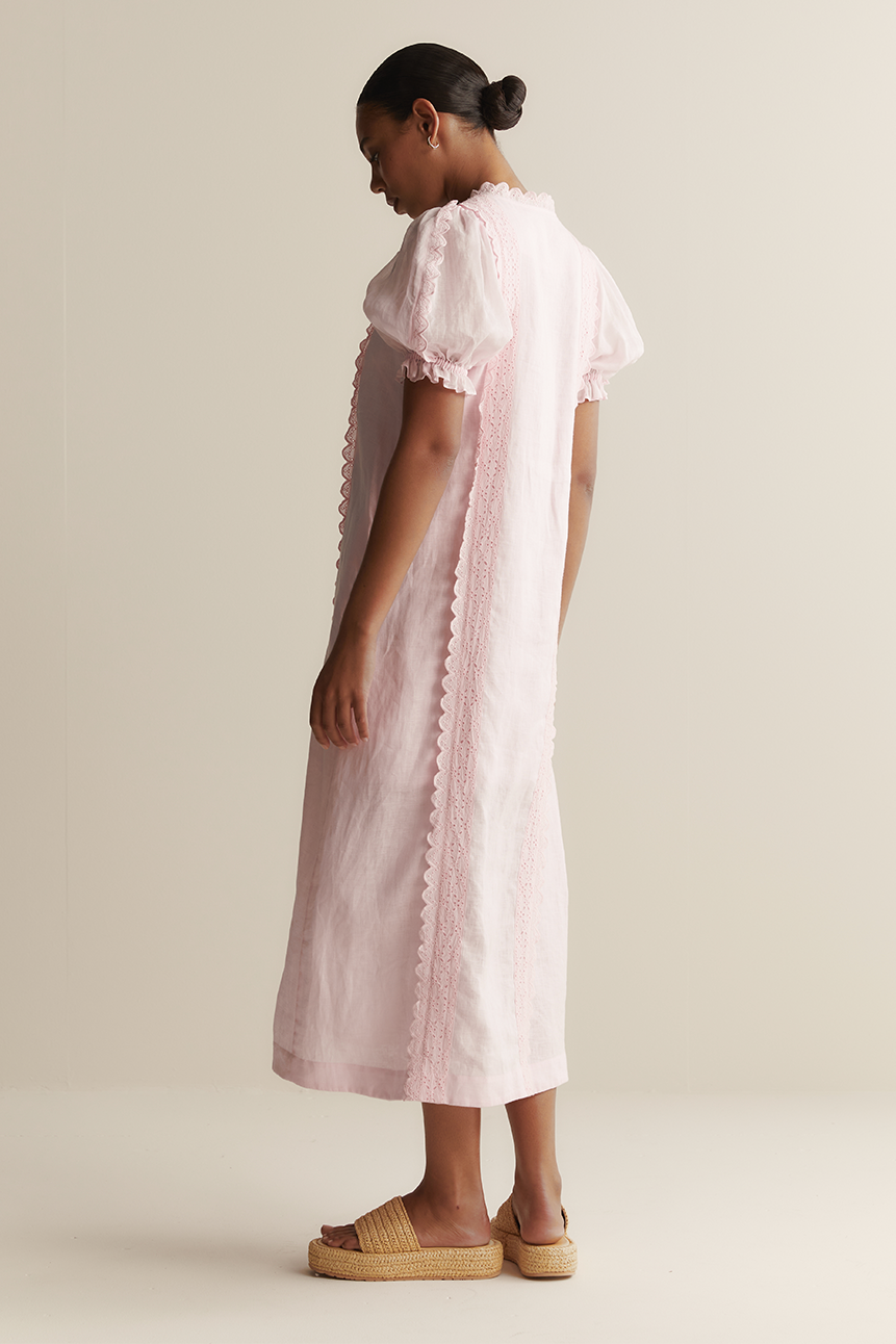Lace Puff Sleeve Single Breasted Midi Dress