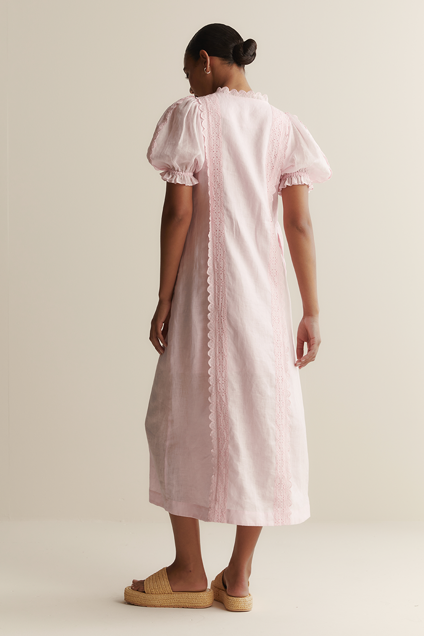 Lace Puff Sleeve Single Breasted Midi Dress