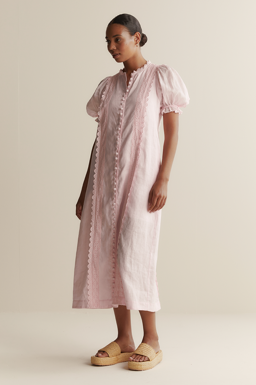 Lace Puff Sleeve Single Breasted Midi Dress