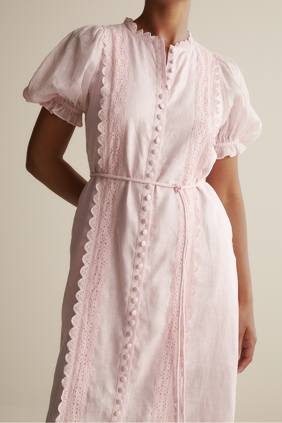 Lace Puff Sleeve Single Breasted Midi Dress