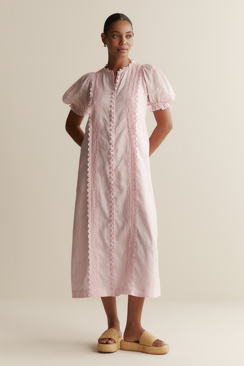 Lace Puff Sleeve Single Breasted Midi Dress