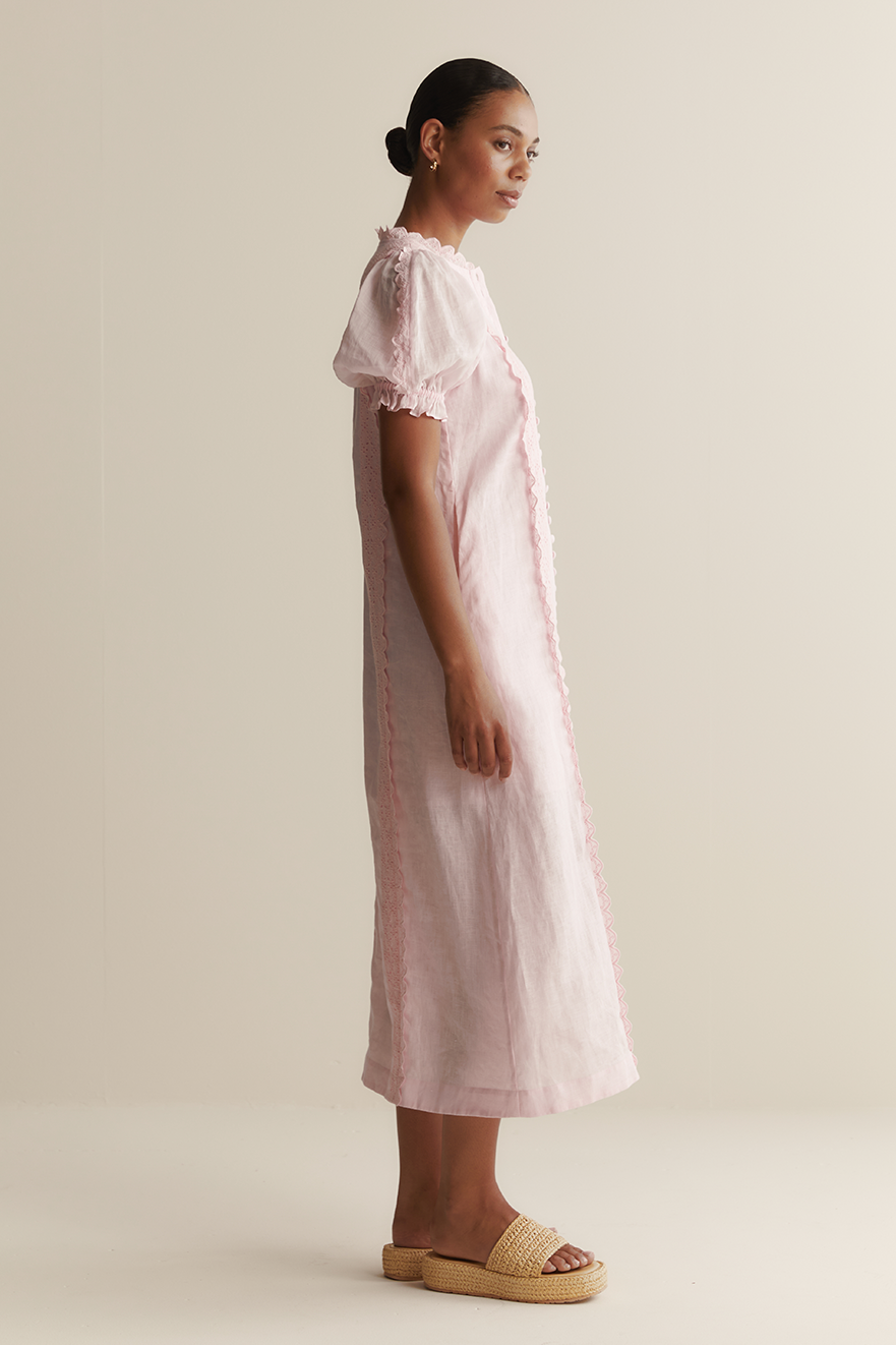 Lace Puff Sleeve Single Breasted Midi Dress