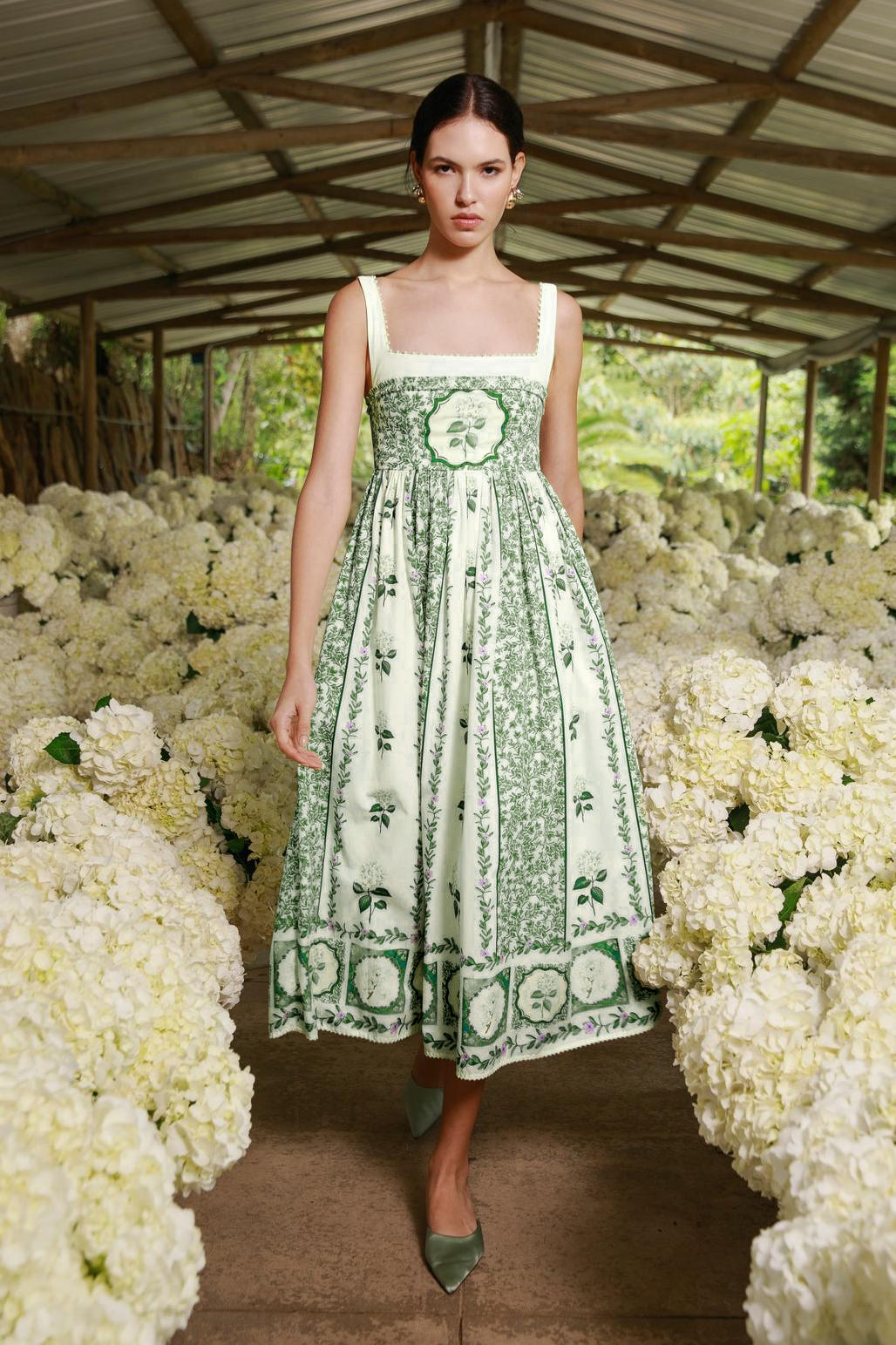 Floral Square Collar Faux Pearl Midi Dress