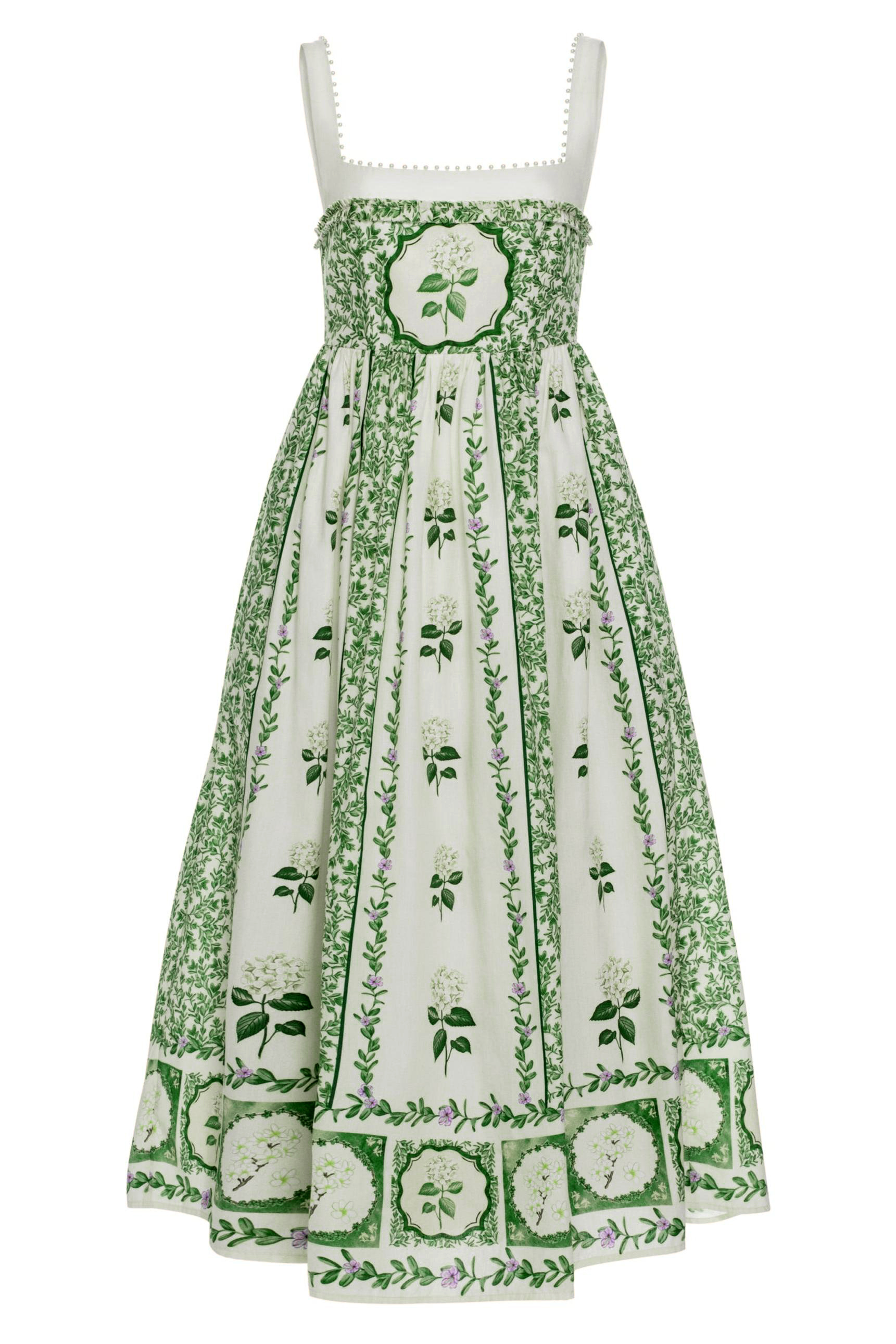Floral Square Collar Faux Pearl Midi Dress