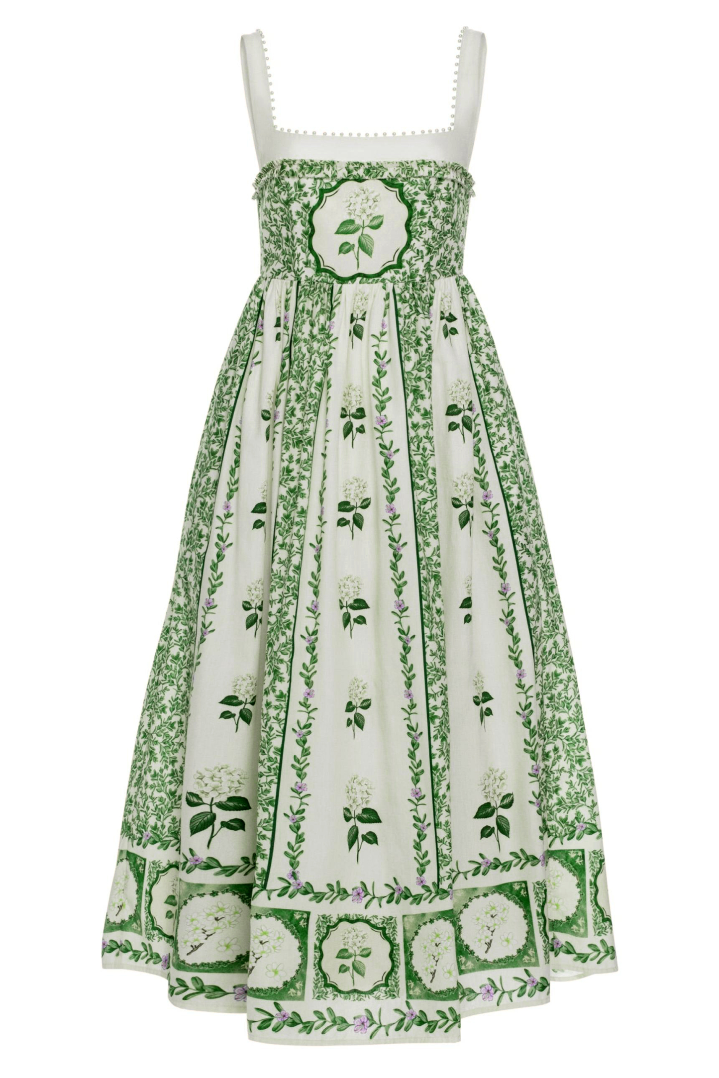 Floral Square Collar Faux Pearl Midi Dress