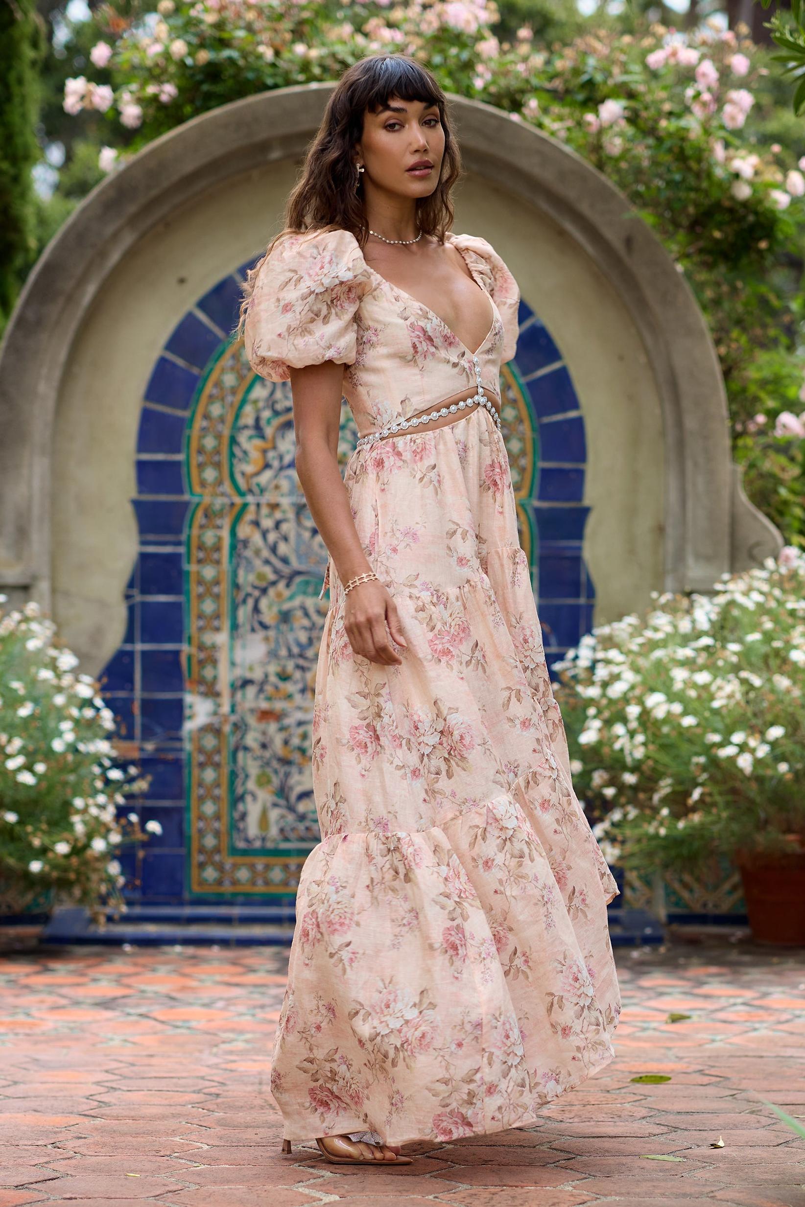 Floral Faux Pearl Cut-Out  Maxi Dress