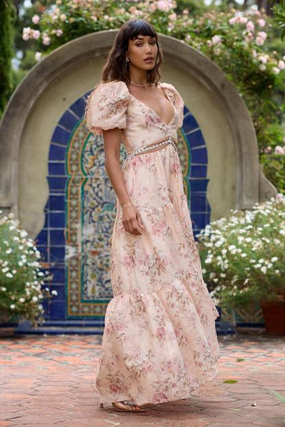 Floral Faux Pearl Cut-Out  Maxi Dress