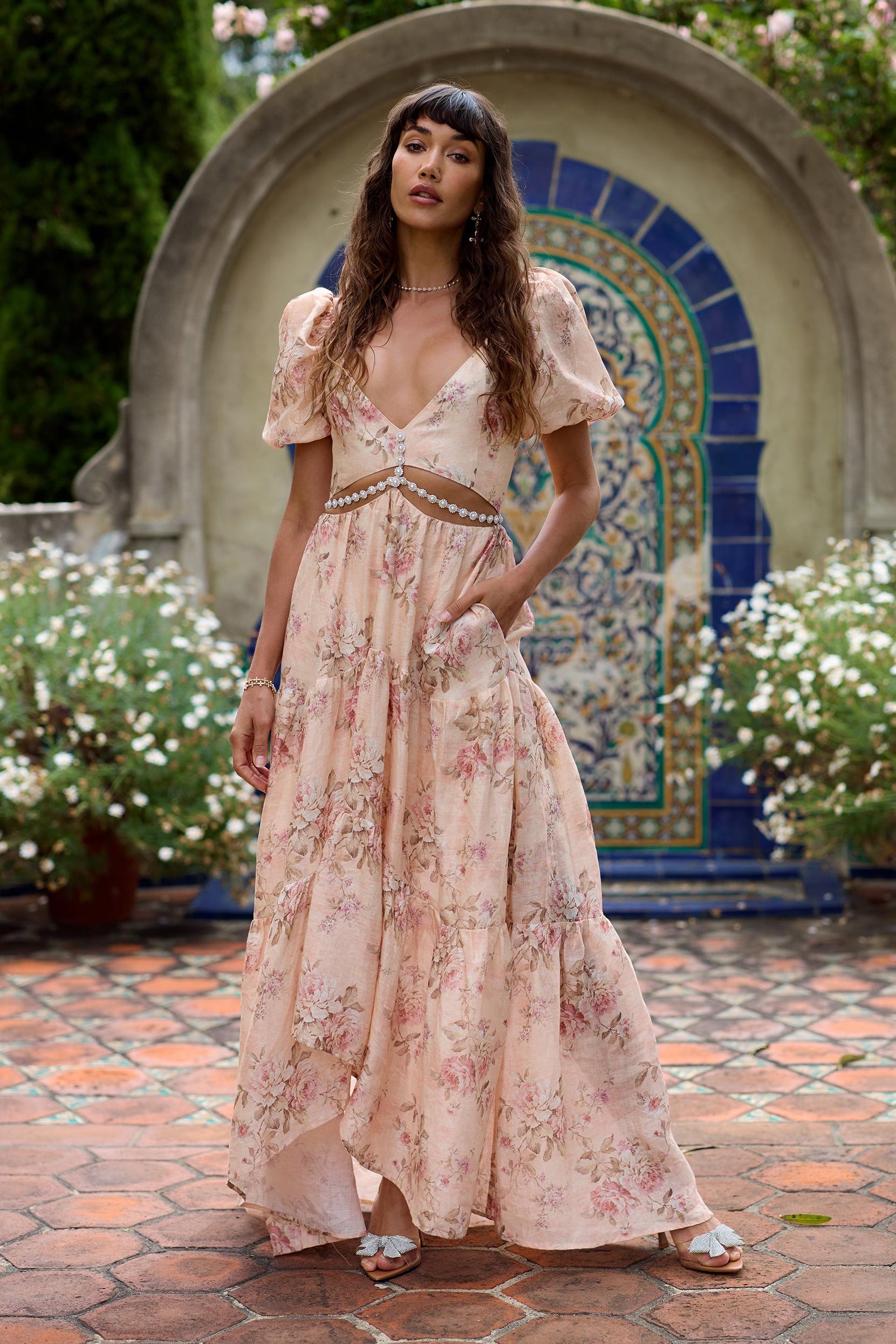 Floral Faux Pearl Cut-Out  Maxi Dress