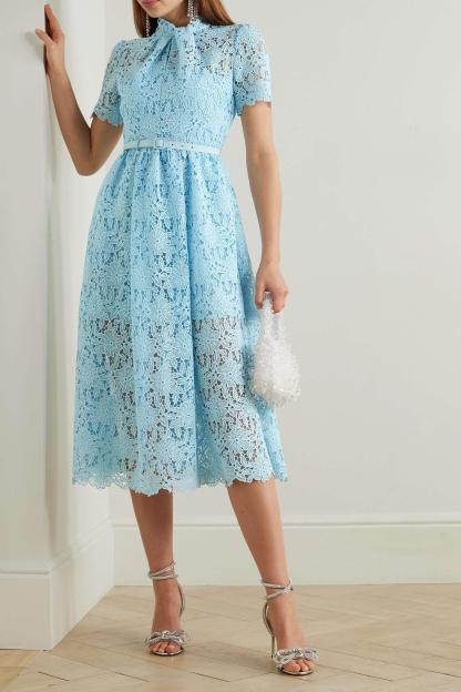 Lace High Neck Cut-Out Midi Dress With Belt