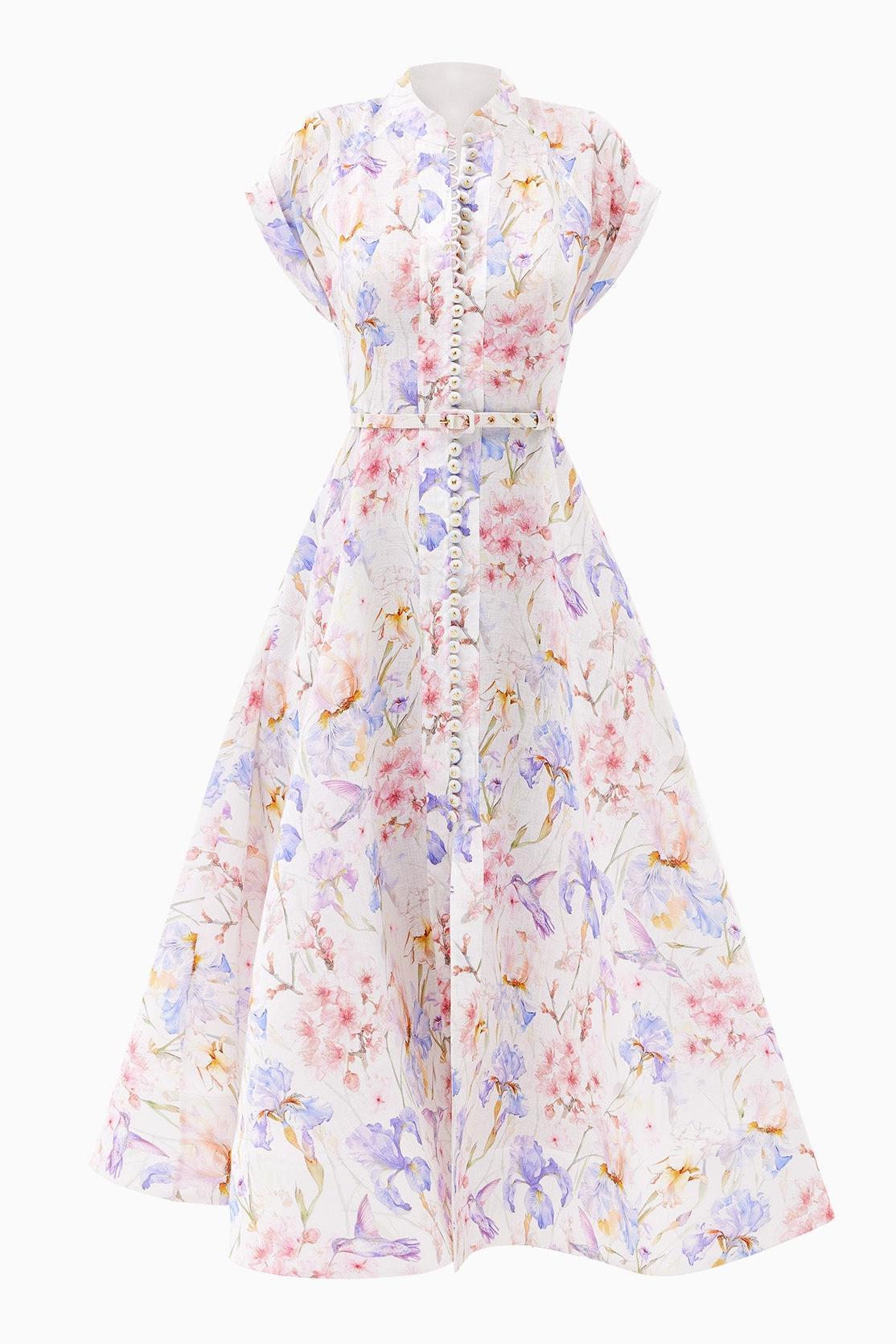 Floral Single Breasted Stand Collar Midi Dress