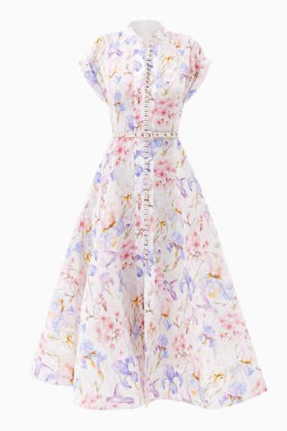 Floral Single Breasted Stand Collar Midi Dress