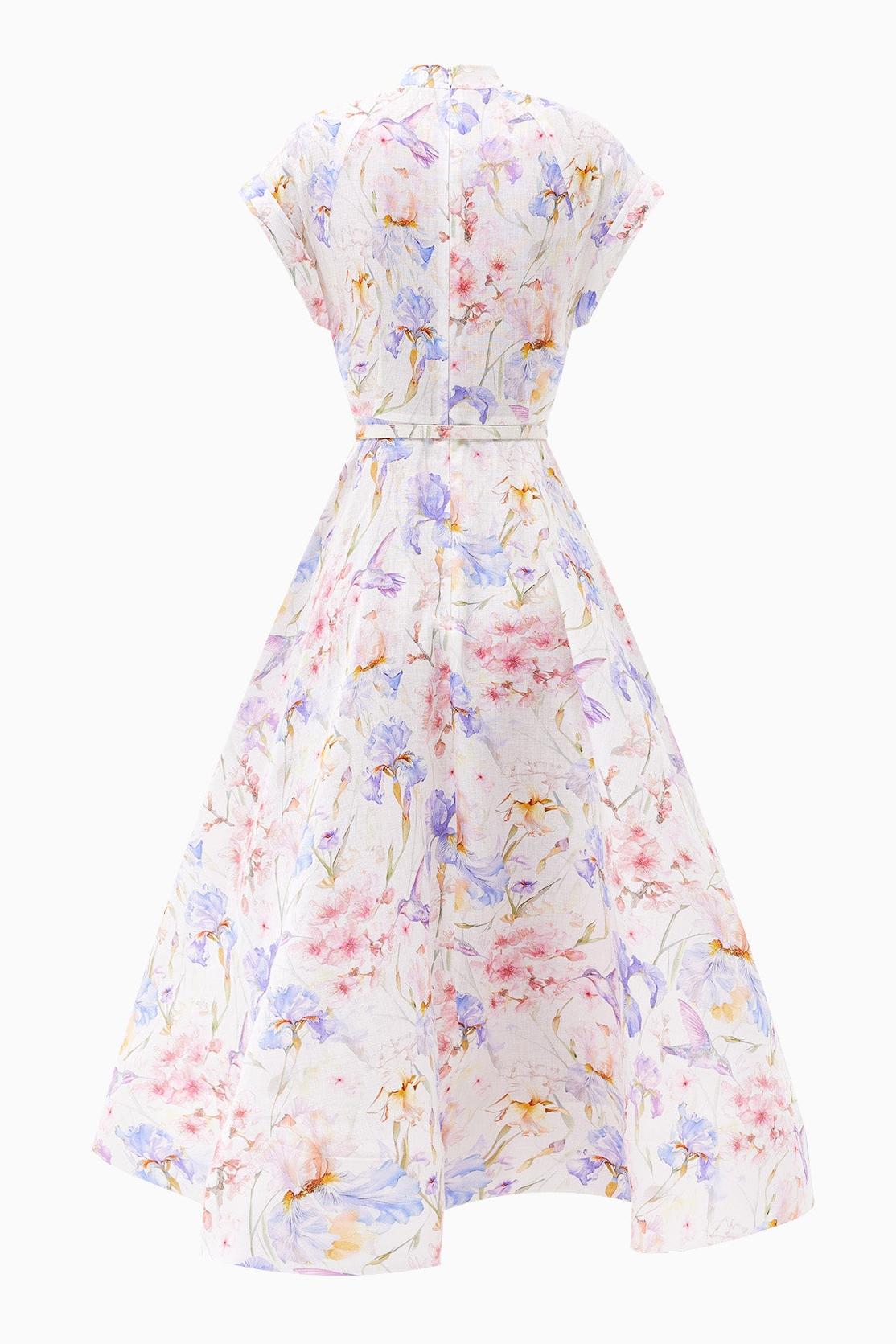 Floral Single Breasted Stand Collar Midi Dress
