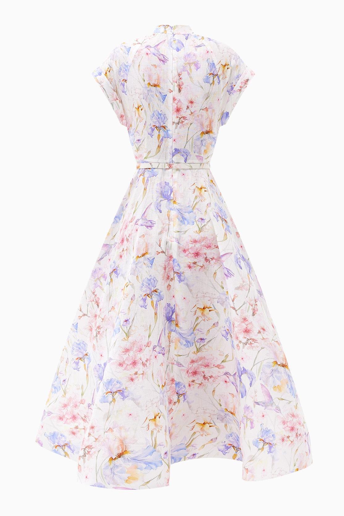 Floral Single Breasted Stand Collar Midi Dress