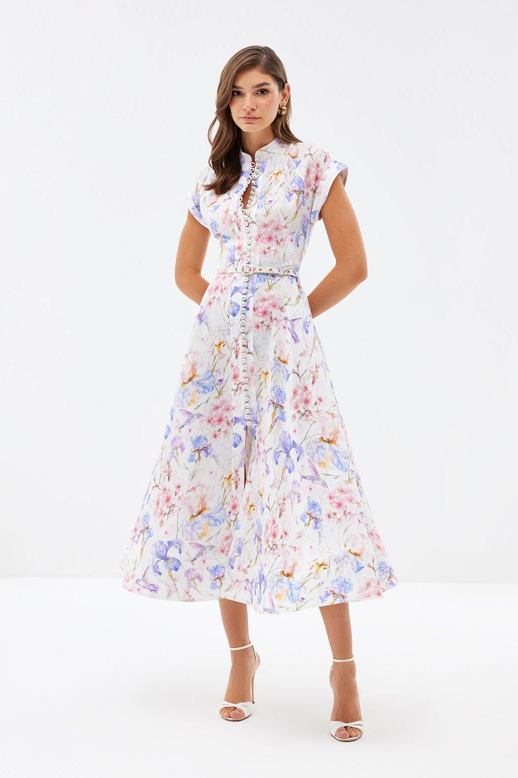 Floral Single Breasted Stand Collar Midi Dress