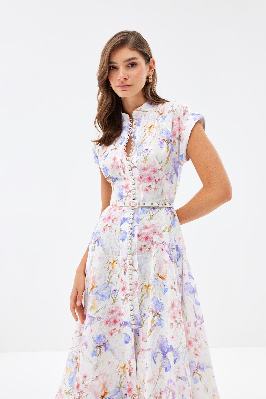 Floral Single Breasted Stand Collar Midi Dress