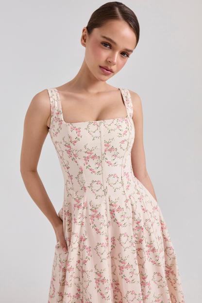 Floral Sleeveless Square Collar  Midi Dress