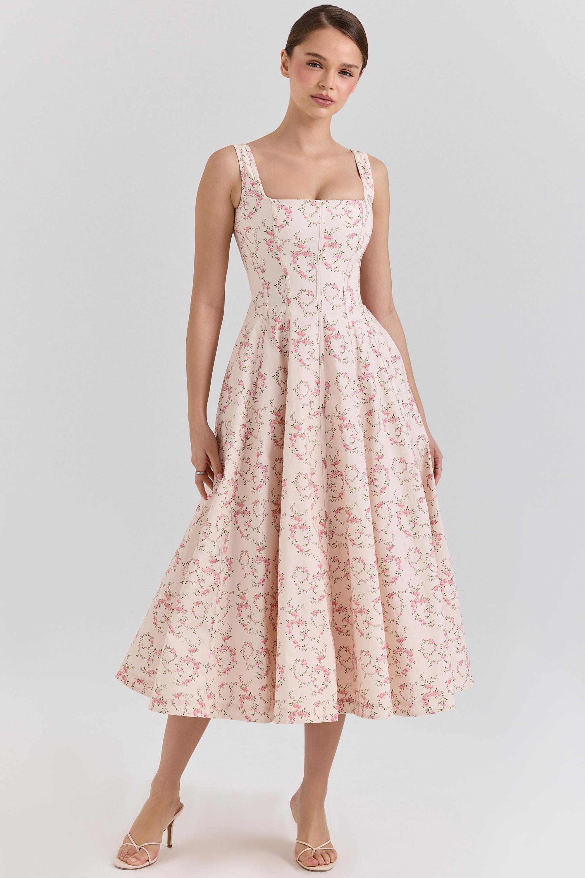 Floral Sleeveless Square Collar  Midi Dress