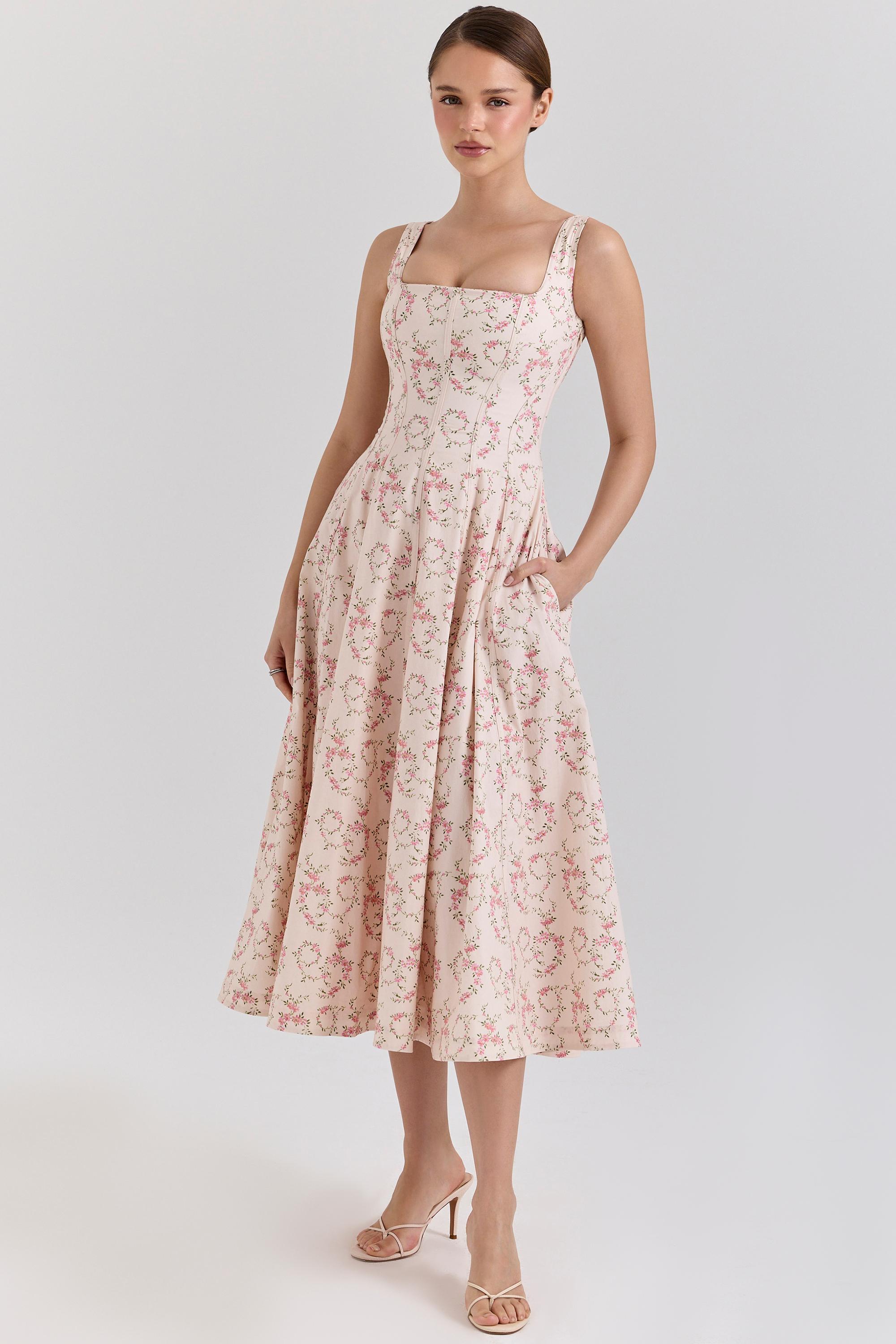 Floral Sleeveless Square Collar  Midi Dress