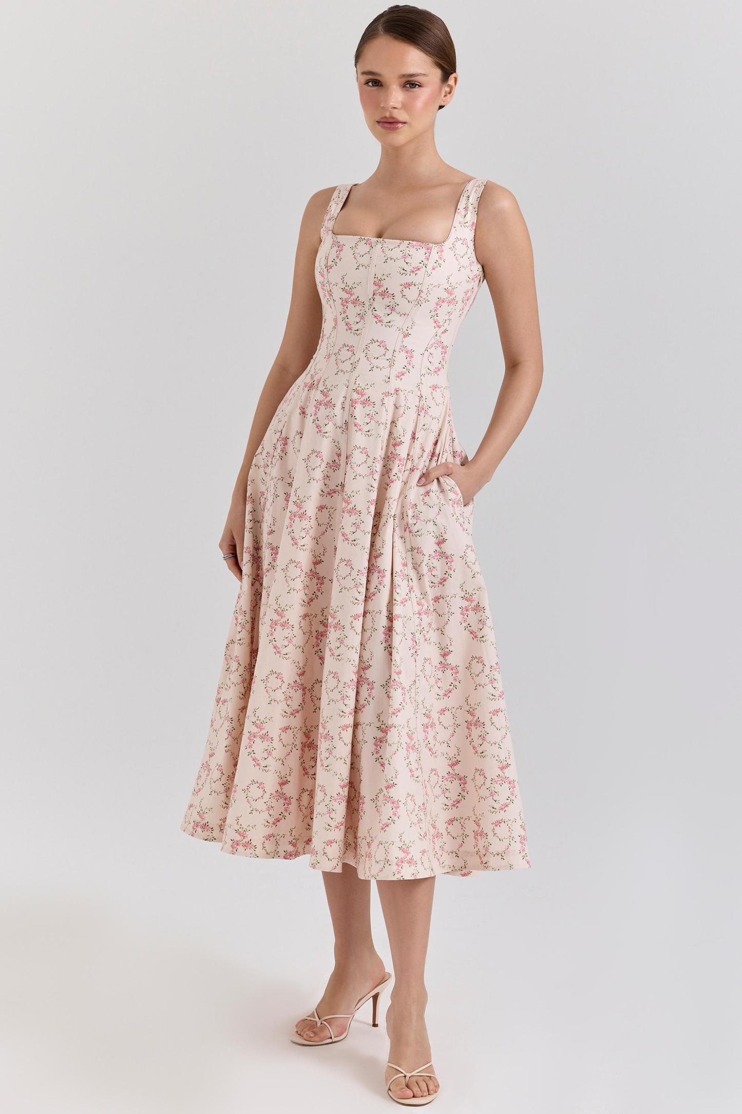 Floral Sleeveless Square Collar Midi Dress