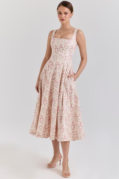 Floral Sleeveless Square Collar  Midi Dress