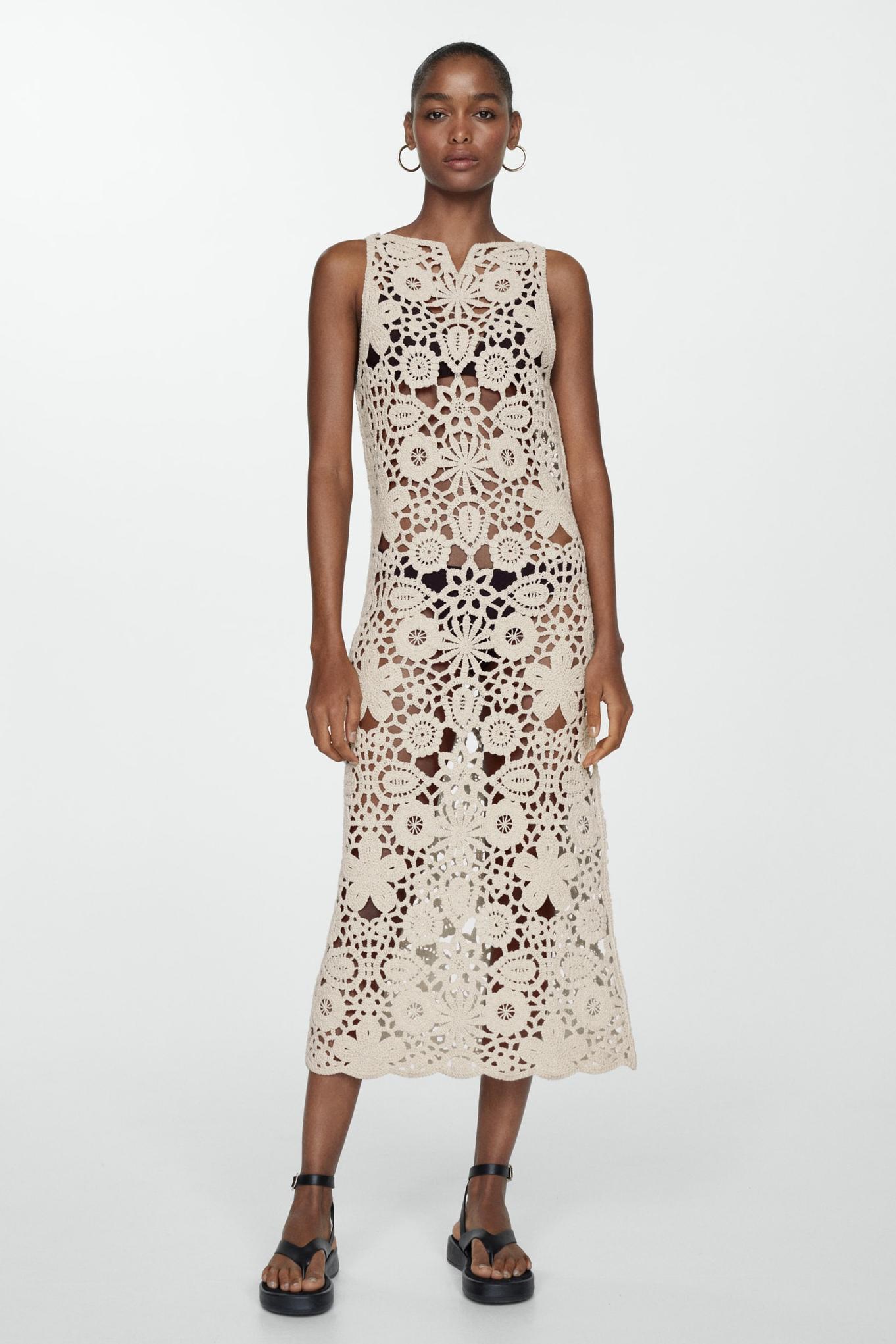 Crochet See-Through Sleeveless Midi Dress