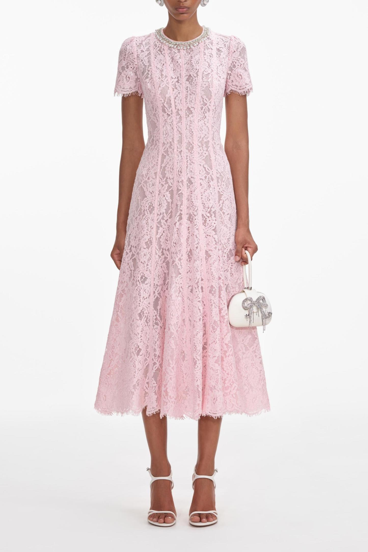Rhinestone Faux Pearl Lace Midi Dress